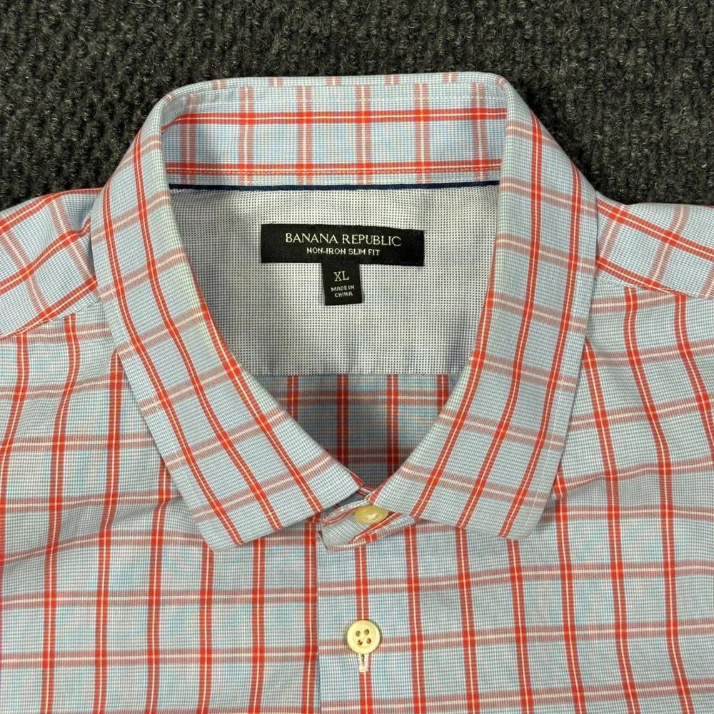 Banana Republic Dress Shirt Mens XL Non-Iron Slim Fit Orange Blue Plaid
